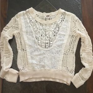 Free People Women’s Cream Lace Crocheted Eyelet Open Knit Sweater Sz SP EUC